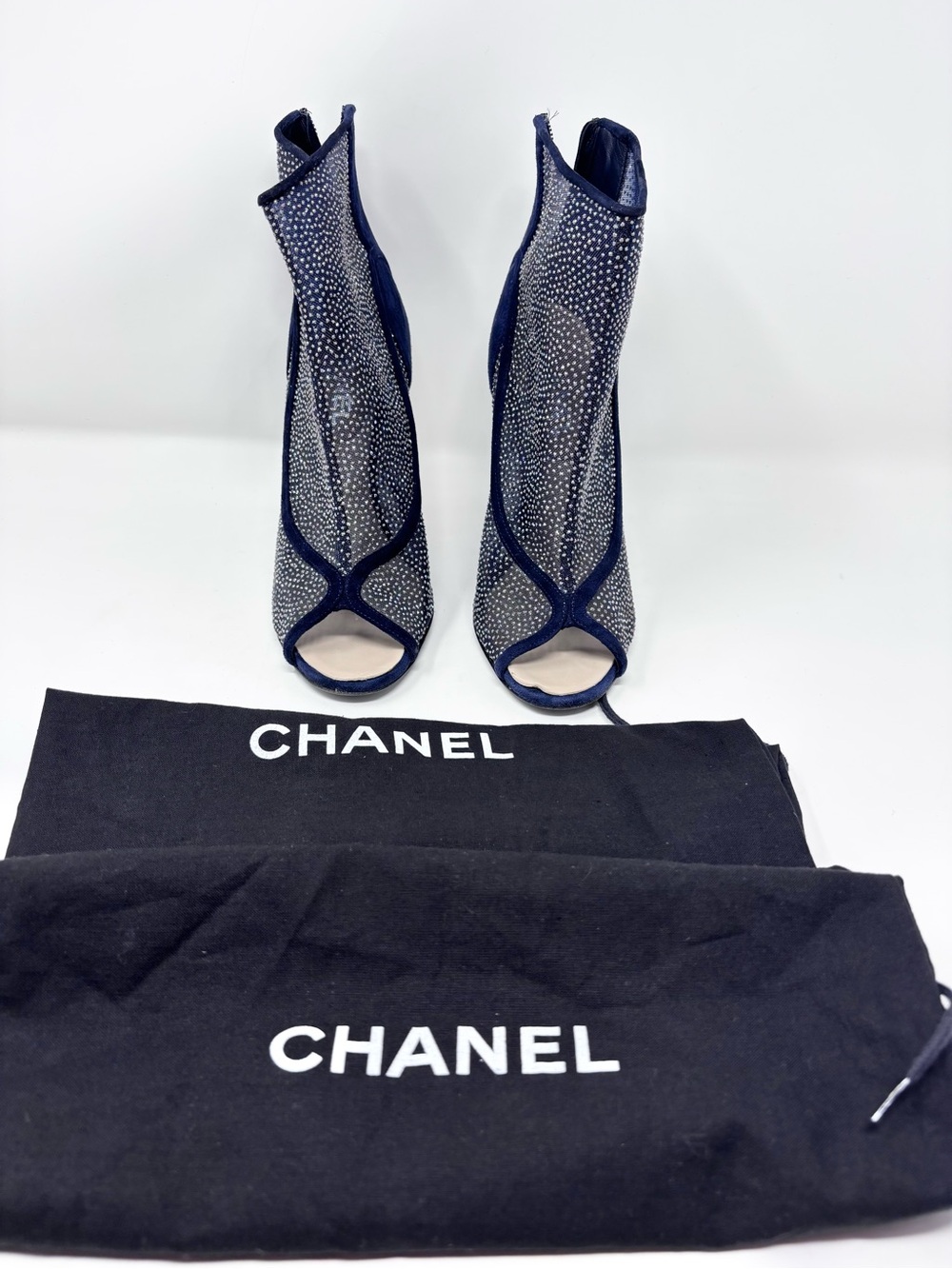 Chanel S/S 2011 Navy Blue Suede Mesh Crystal Ankle Boots Lucite Heel CC Logo 40